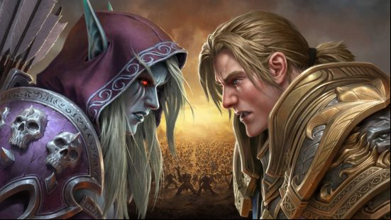 A dark elf woman with glowing red eyes, blue skin, white long hair and a purple hood glares at a blond man wearing golden armour as a battle is fought in the background