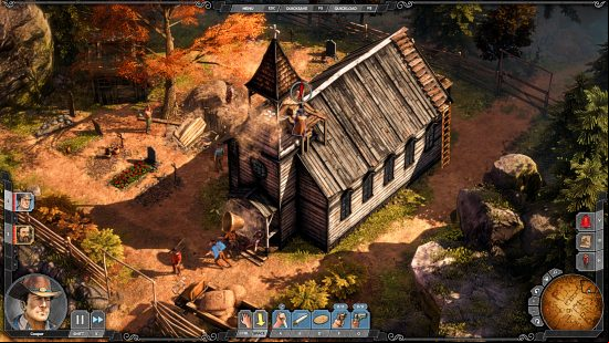 Desperados 3 - Gameplay of a player using a well-placed shot to drop a church bell onto two people outside its front door below in this Wild West RTS game.