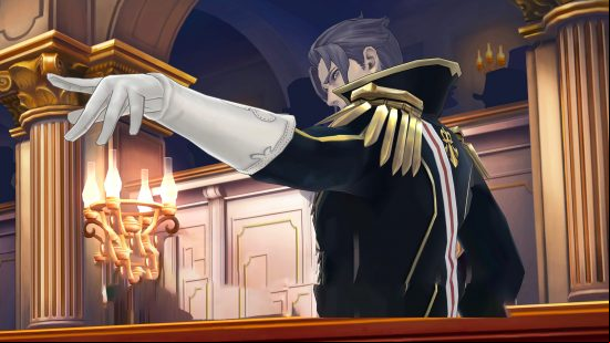 Best detective games: the prosecutor raising an objection in The Great Ace Attorney Chronicles.