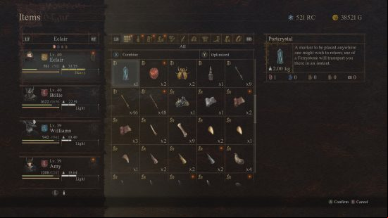 Dragon's Dogma 2 Portcrystals: an inventory showing a glowing blue crystal.