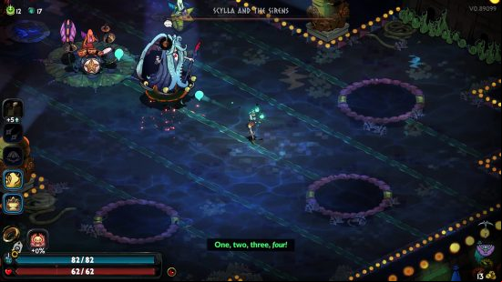 Hades 2 Scylla boss: an overhead view of a nautical themed band, with the elad singer using a giant shell as a stage.