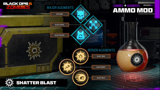 The Shatter Blast Ammon Mod and all its available BO6 Zombies Augments. 