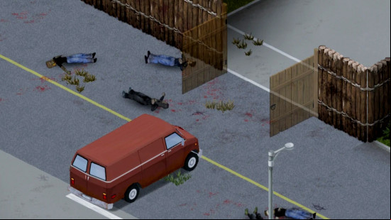 A red van approaches an open double gate in Automatic Gates, one of the best Project Zomboid mods.