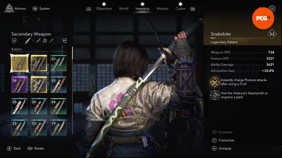 Assassin's Creed Shadows best weapons: Naoe unsheathing a katana from a green scabbard with a snake pattern