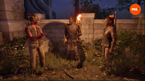 Oblivion Remastered Thieves Guild: three shady figures meet at night, lit only by a torch.