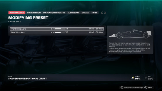 The aero change screen for the best china setup in f1 25.