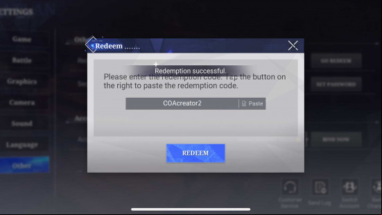 The code redemption screen in crystal of atlan.