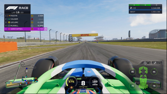 F1 25 review: first person view of an F1 car driving at speed.