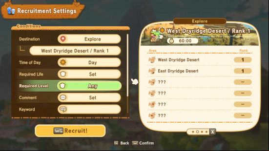 The recruitment setting screen in Fantasy Life.